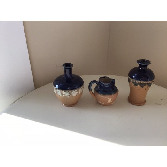 3 Antique Mini , Small Royal Doulton Lambeth Pitcher ,Vase Blue and Tan - Picture 1 of 7